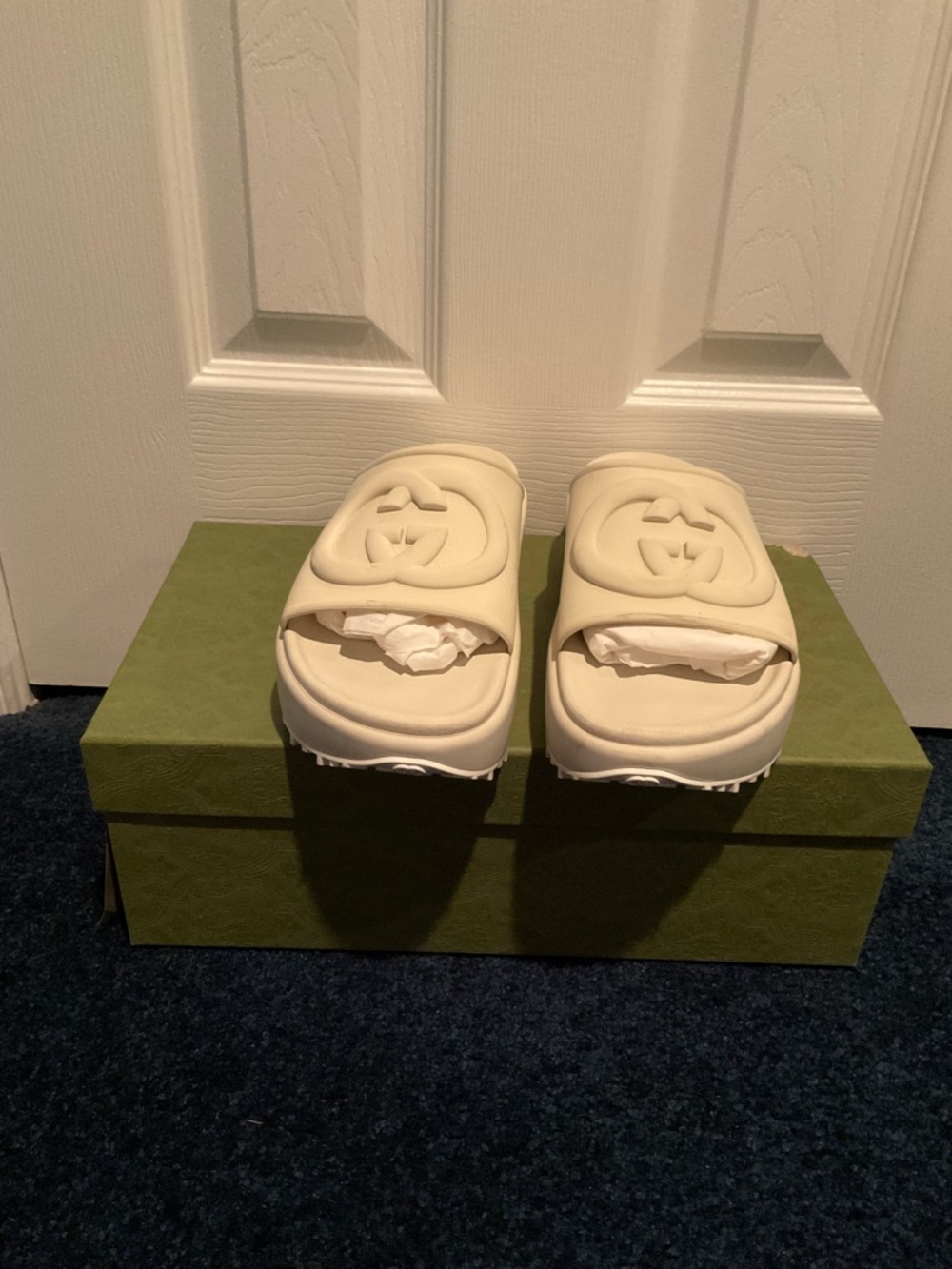 Gucci Interlocking GG Platform Rubber Slide Sandals Off White